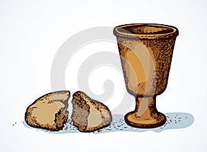 Vector symbols of Communion. Broken bread and wine in bowl