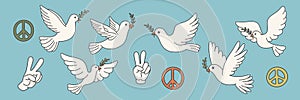 Vector Symbols of Peace - Hand Gesture, Dove, Olive Branch Design Template Set. Pacifist Icons, Vector Illustration