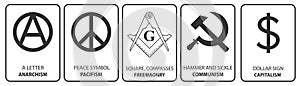 Vector symbols of political and social movements. Pacifism, anarchism, capitalism, communism, freemasonry icons on white