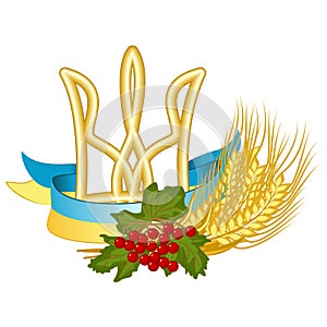 Vector symbols of Ukraine: Tryzub Trident is the coat of arms of Ukraine, National flag, Kalyna viburnum and wheat. Colorful