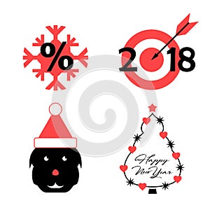 Vector Symbols of the Upcoming 2018 Year of the Dog: Snowflake, Target, Dog, Decorated Christmas Tree. Vector Christmas