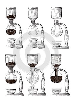Vector Syphon illustration. Hand sketched maker for alternative coffee brewing. Cafe restaurant menu
