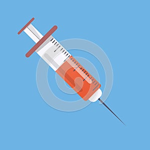 Vector syringe icon for injection vaccine with red blood liquid