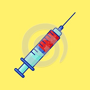 Vector syringe icon with red blood for injection. Vaccine Injector with needle