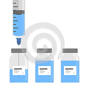 Vector syringe injection with blue vaccine bottles.