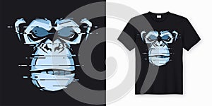 Vector t-shirt and apparel design with glitchy head of a chimp