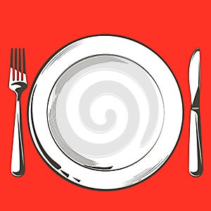 Vector Table decorating setting. Festive cutlery set: fork, knife, empty plate on tablecloth. Menu. Top view. Color