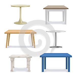 Vector table set. Empty wooden, plastic, stone tables. Template for object presentation. Vector realistic illustration