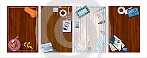 Vector tables with office supplies, medical and autumn food. Pharmacy template for hospitals, advertising, pharmacies