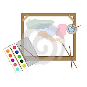 Vector tablet with paper, brushes, watercolor paint. Painter equipment.