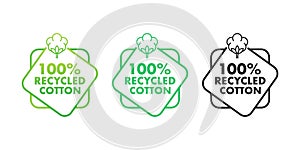 Vector tags for 100 recycled cotton with a cotton plant icon, showcasing sustainable fabric and eco-friendly fashion