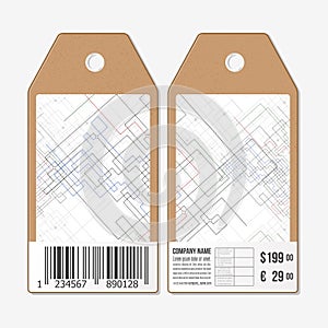 Vector tags design on both sides, cardboard sale labels with barcode. Abstract background. Technical construction