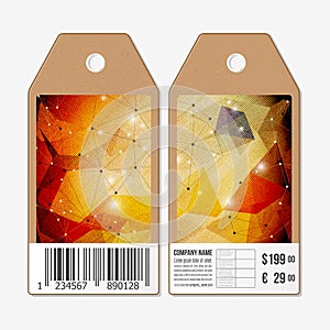 Vector tags design on both sides, cardboard sale labels with barcode. Abstract geometric colorful triangle background.