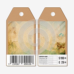 Vector tags design on both sides, cardboard sale labels with barcode. Abstract wooden polygonal background