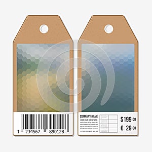 Vector tags design on both sides, cardboard sale labels with barcode. Blurred background. Polygonal design, geometric