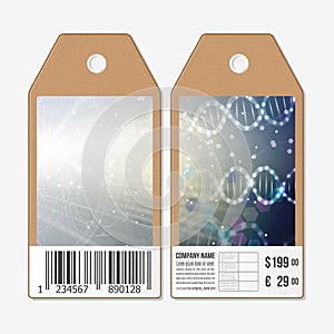 Vector tags design on both sides, cardboard sale labels with barcode. DNA molecule structure against a blue background