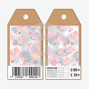 Vector tags design on both sides, cardboard sale labels with barcode. Hand drawn floral doodle pattern, abstract vector