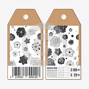 Vector tags design on both sides, cardboard sale labels with barcode. Hand drawn floral doodle pattern, abstract vector