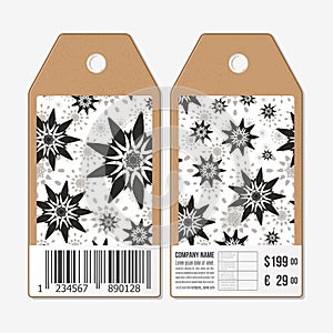 Vector tags design on both sides, cardboard sale labels with barcode. Hand drawn floral doodle pattern, abstract vector