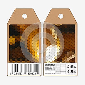 Vector tags design on both sides, cardboard sale labels with barcode. Polygonal design, colorful geometric hexagonal