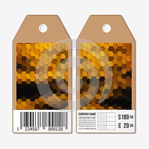 Vector tags design on both sides, cardboard sale labels with barcode. Polygonal design, colorful geometric hexagonal