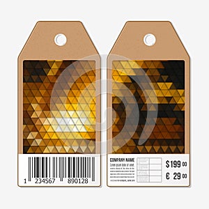 Vector tags design on both sides, cardboard sale labels with barcode. Polygonal design, colorful geometric triangular