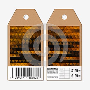 Vector tags design on both sides, cardboard sale labels with barcode. Polygonal design, colorful geometric triangular