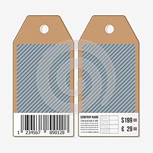 Vector tags design on both sides, cardboard sale labels with barcode. Vintage design, lines vector background