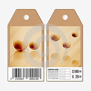 Vector tags design on both sides, cardboard sale labels with barcode. Wooden design, abstract vector background