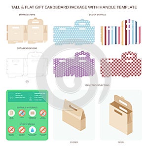 Vector tall and flat gift cardboard packaging with handle templates set