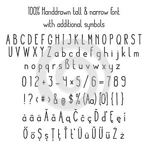 Vector tall & narrow sketched handdrawn font with additional symbols photo