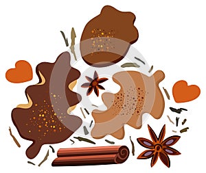 Vector tasty set with cookies, cinnamon, dry leaves and hearts.