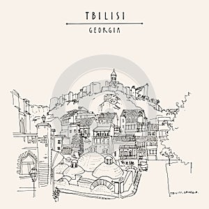 Vector Tbilisi, Georgia postcard. Muslim quarter Azerbaijani distict. Sulphur baths, Narikala fortress, beautiful houses. Travel