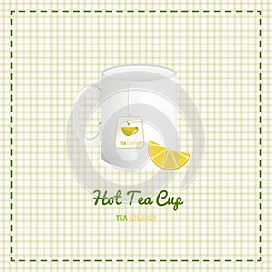 Vector tea cup close up with logo and lemon slices on checkered background