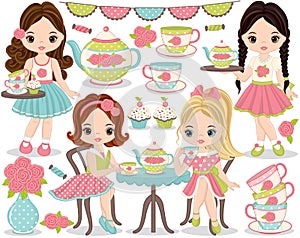 Vector Tea Party Set with Cute Little Girls Having Tea