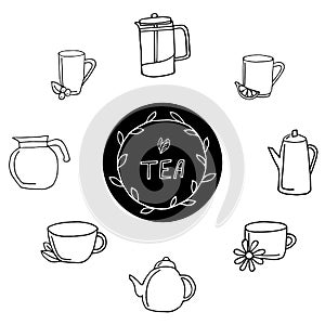 vector tea set with mugs and teapots