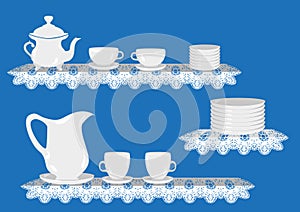 Vector. Tea set with teapot, cups, mug, plates on lace tablecloth