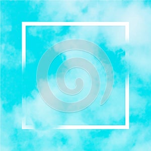 Vector teal blue sky background with white clouds and a square frame, an abstract design template