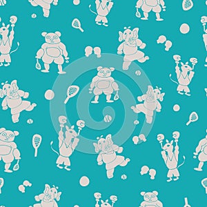 Vector teal cute and fun sporty silhouettes of anthromorphic cartoon characters seamless pattern background