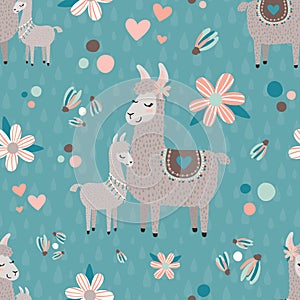 Vector Teal Mama Llama Seamless Pattern Background photo