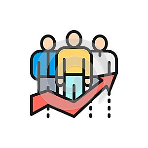 Vector team efficiency, company workers with big arrow flat color line icon