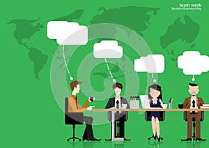 Vector team work Businessman brainstorming to think globally and meeting with world maps used in business applications flat design