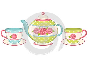 Vector Tea Pot with Tea Cups and Saucers photo