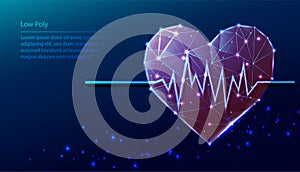 Vector tech low poly blue background. heart shape with heart beat diagramma photo