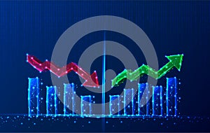 Vector tech polygonal growth chart with going down red arrow and going up