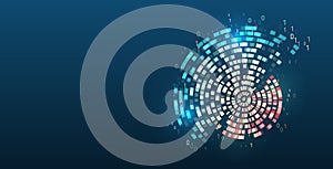 Vector technology background. Big data visualization. Abstract stream information with circles array and binary code. Information