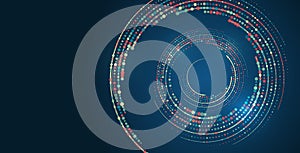Vector technology background. Big data visualization. Abstract stream information with circles array and binary code. Information