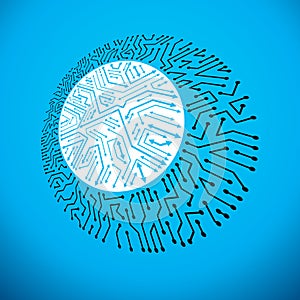 Vector technology cpu design with circular microprocessor scheme. Computer circuit board with arrows.