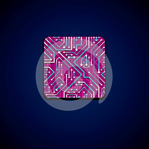 Vector technology cpu design with square luminescent microprocessor scheme. Computer circuit board, digital element with flash