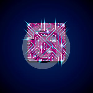 Vector technology cpu design with square luminescent microprocessor scheme. Computer circuit board, digital element with flash